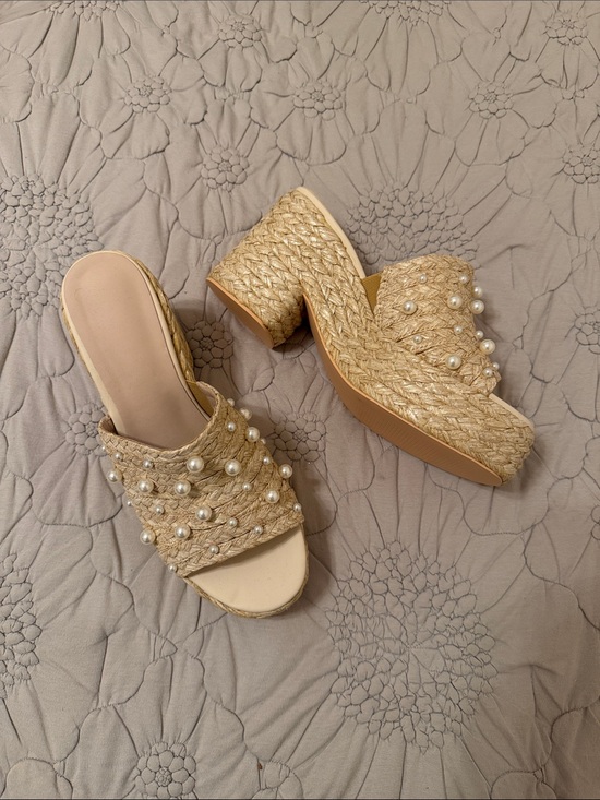 Shoes - Beaded Straw Platform Slide Heels - Natural